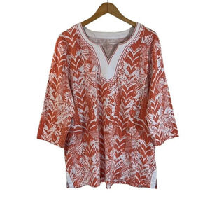Coral Bay Leaf Pattern Top Plus Size 1X Embroidered V Neck 3/4 Sleeves Pullover
